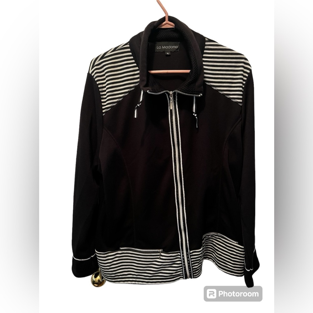 La Madona black and white striped full zip sweater